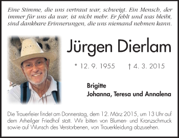 Traueranzeige von Jürgen Dierlam von Echo-Zeitungen (Gesamtausgabe)