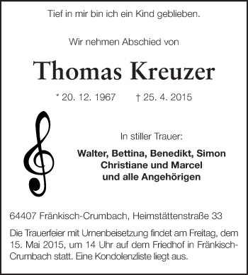 Traueranzeige von Thomas Kreuzer von Odenwälder Echo
