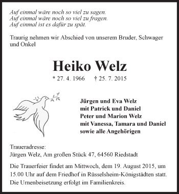 Traueranzeige von Heiko Welz von trauer.echo-online.de