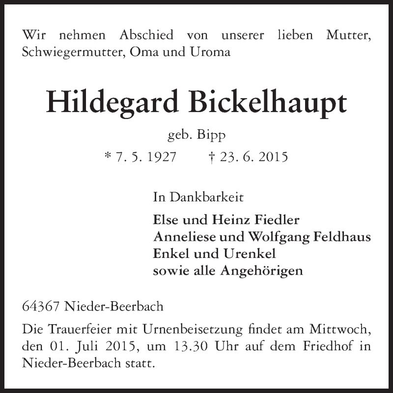  Traueranzeige für Hildegard Bickelhaupt vom 27.06.2015 aus Echo-Zeitungen (Gesamtausgabe)