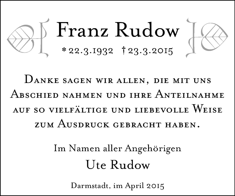  Traueranzeige für Franz Rudow vom 25.04.2015 aus Echo-Zeitungen (Gesamtausgabe)