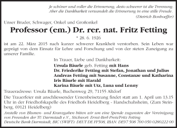 Traueranzeige von Fritz Fetting von Echo-Zeitungen (Gesamtausgabe)