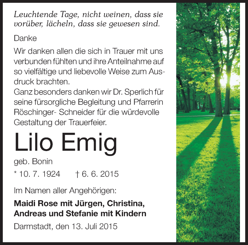  Traueranzeige für Lilo Emig vom 15.07.2015 aus Echo-Zeitungen (Gesamtausgabe)