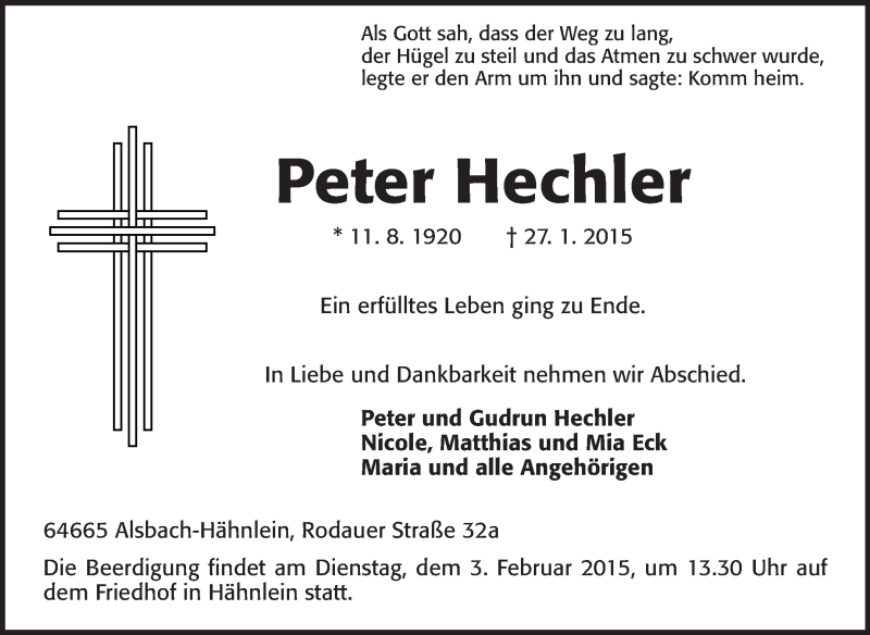  Traueranzeige für Peter Hechler vom 31.01.2015 aus Echo-Zeitungen (Gesamtausgabe)