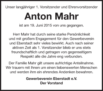 Traueranzeige von Anton Mahr von Echo-Zeitungen (Gesamtausgabe)