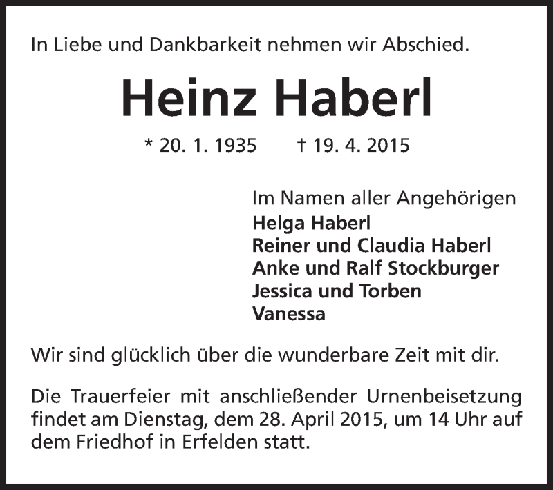  Traueranzeige für Heinz Haberl vom 25.04.2015 aus Rüsselsheimer Echo, Groß-Gerauer-Echo, Ried Echo
