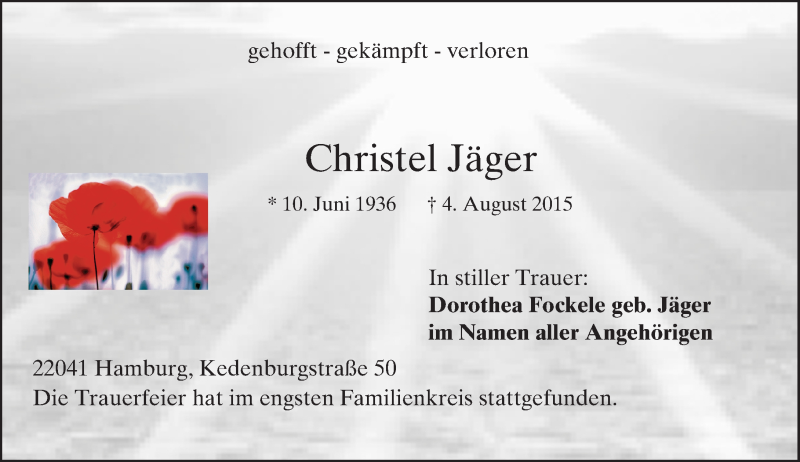 Traueranzeige für Christel Jäger vom 08.08.2015 aus trauer.echo-online.de