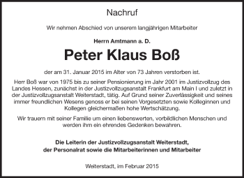 Traueranzeige von Peter Klaus Boß von Echo-Zeitungen (Gesamtausgabe)