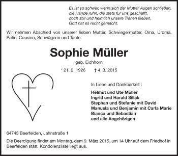 Traueranzeige von Sophie Müller von Odenwälder Echo