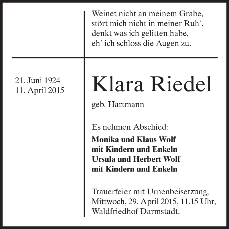  Traueranzeige für Klara Riedel vom 18.04.2015 aus Echo-Zeitungen (Gesamtausgabe)