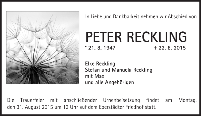  Traueranzeige für Peter Reckling vom 29.08.2015 aus trauer.echo-online.de