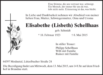 Traueranzeige von Elisabeth Schellhaas von Echo-Zeitungen (Gesamtausgabe)