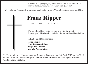 Traueranzeige von Franz Ripper von Odenwälder Echo