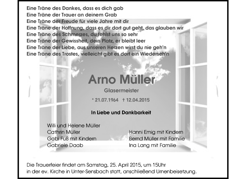  Traueranzeige für Arno Müller vom 23.04.2015 aus Odenwälder Echo
