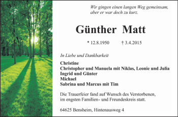 Traueranzeige von Günther Matt von Starkenburger Echo, Bergsträßer Anzeiger