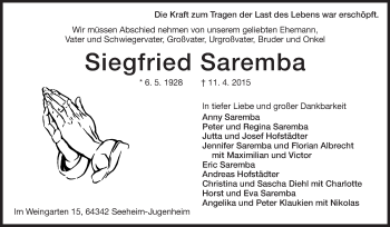 Traueranzeige von Siegfried Saremba von Echo-Zeitungen (Gesamtausgabe)