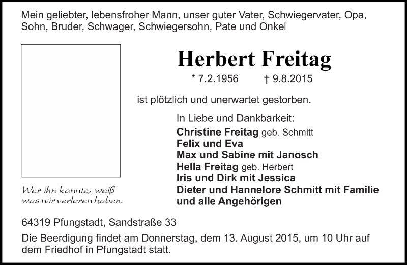  Traueranzeige für Herbert Freitag vom 12.08.2015 aus trauer.echo-online.de