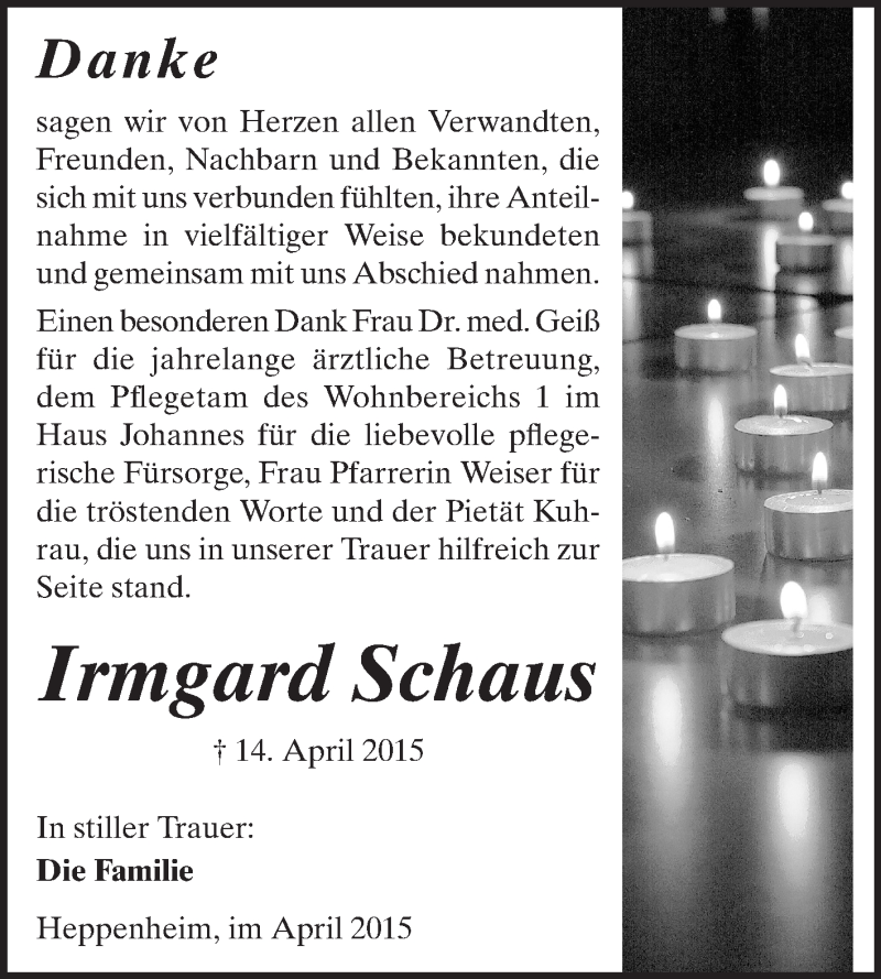  Traueranzeige für Irmgard Schaus vom 02.05.2015 aus Starkenburger Echo