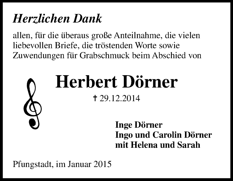  Traueranzeige für Herbert Dörner vom 24.01.2015 aus Echo-Zeitungen (Gesamtausgabe)