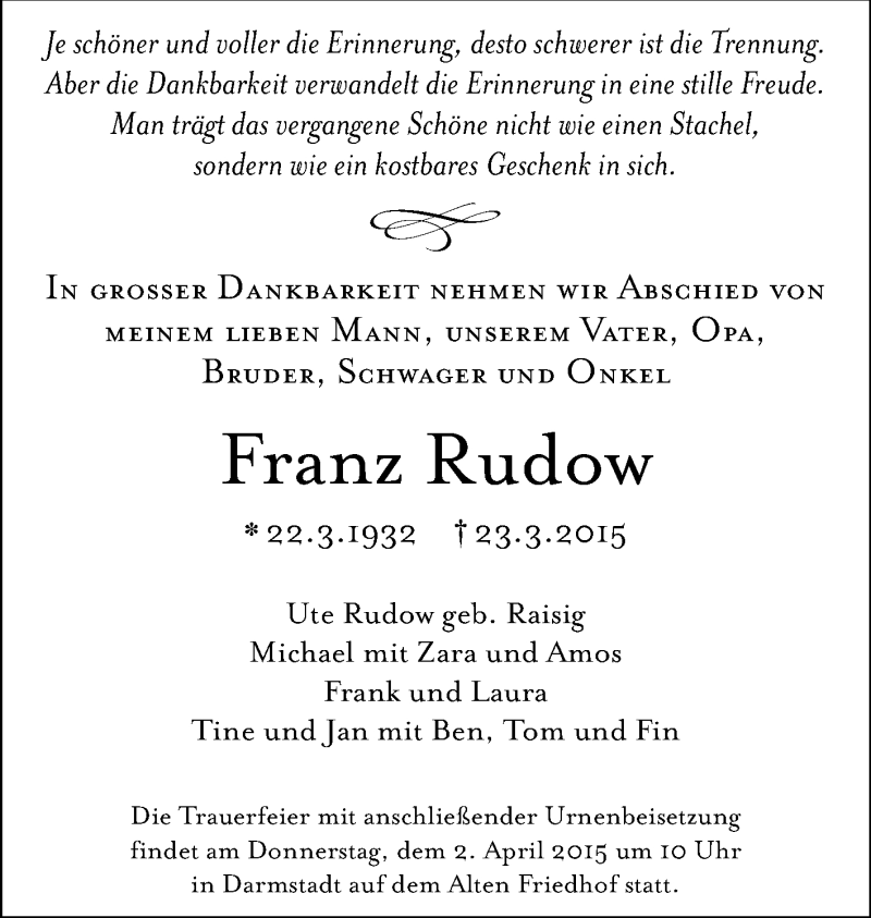  Traueranzeige für Franz Rudow vom 28.03.2015 aus Echo-Zeitungen (Gesamtausgabe)
