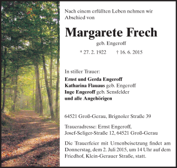 Traueranzeige von Margarete Frech von Rüsselsheimer Echo, Groß-Gerauer-Echo, Ried Echo