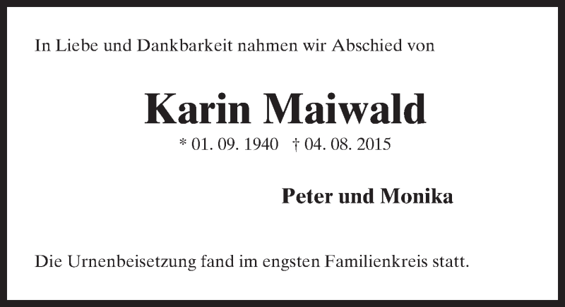  Traueranzeige für Karin Maiwald vom 22.08.2015 aus trauer.echo-online.de
