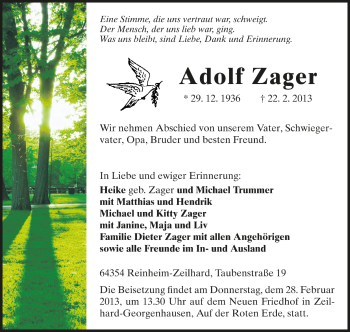 Traueranzeige von Adolf Zager von Darmstädter Echo