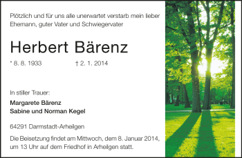 Traueranzeige von Herbert Bärenz von Darmstädter Echo
