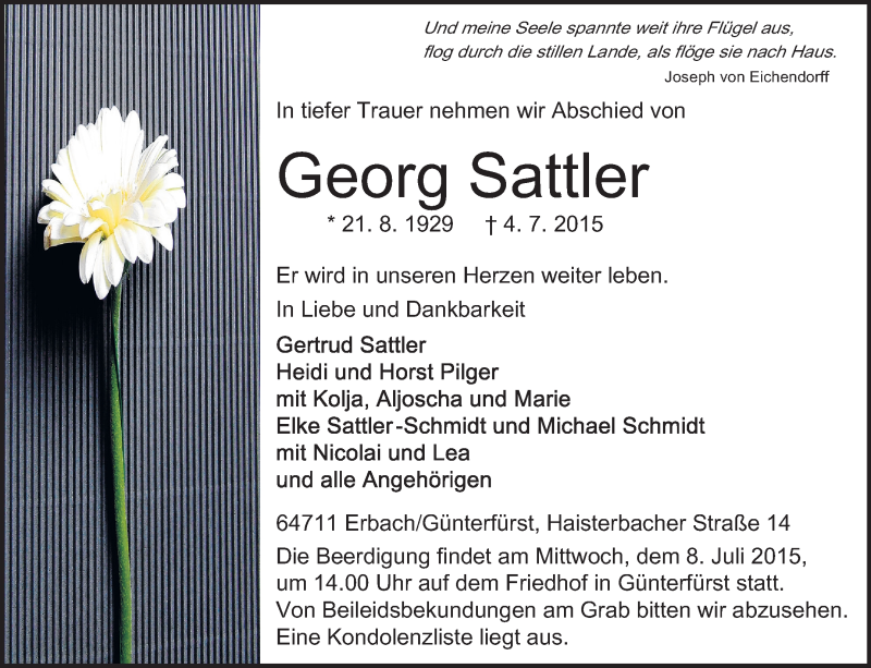  Traueranzeige für Georg Sattler vom 07.07.2015 aus Odenwälder Echo
