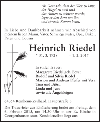 Traueranzeige von Heinrich Riedel von Echo-Zeitungen (Gesamtausgabe)