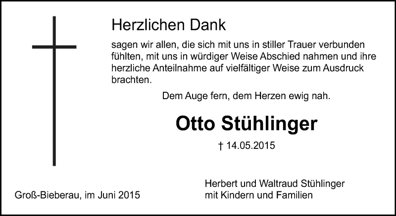  Traueranzeige für Otto Stühlinger vom 17.06.2015 aus Darmstädter Echo, Odenwälder Echo, Rüsselsheimer Echo, Groß-Gerauer-Echo, Ried Echo