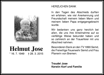Traueranzeige von Helmut Jose von Echo-Zeitungen (Gesamtausgabe)