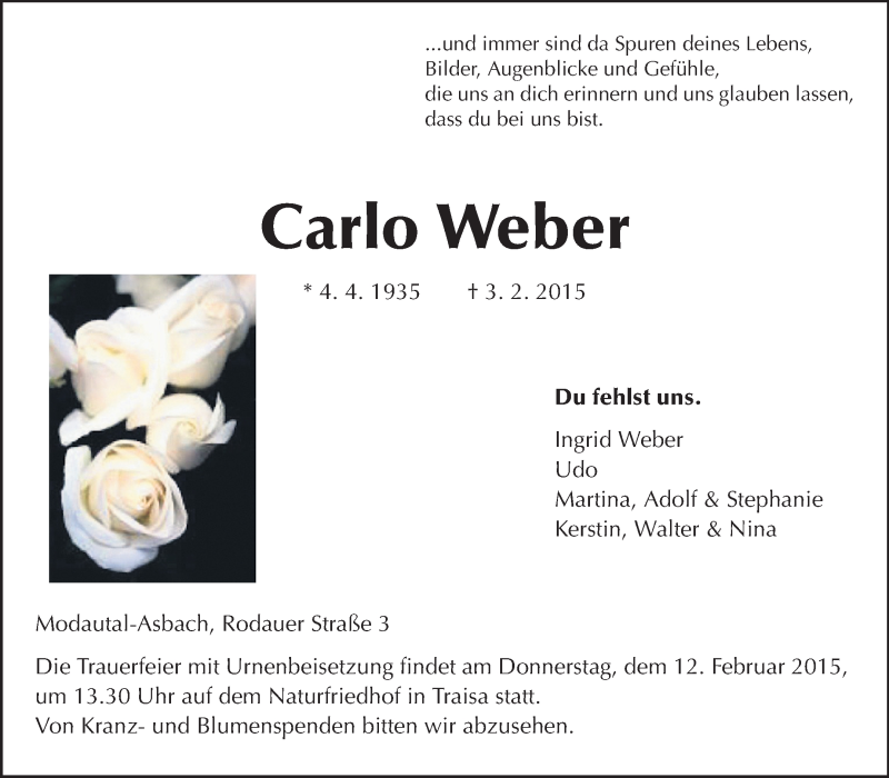  Traueranzeige für Carlo Weber vom 07.02.2015 aus Echo-Zeitungen (Gesamtausgabe)