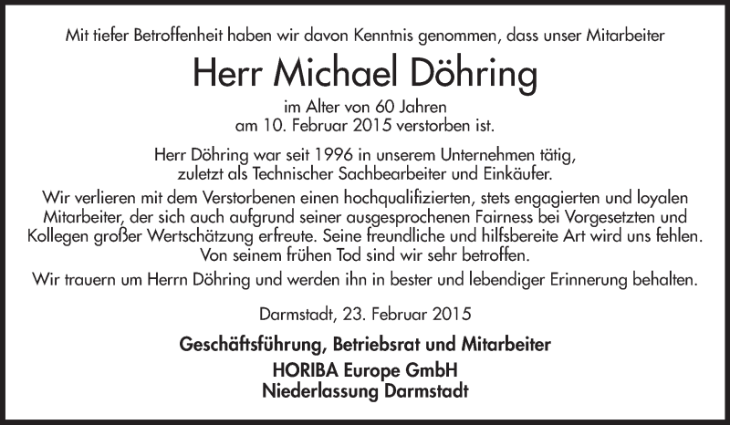  Traueranzeige für Michael Döhring vom 24.02.2015 aus Echo-Zeitungen (Gesamtausgabe)