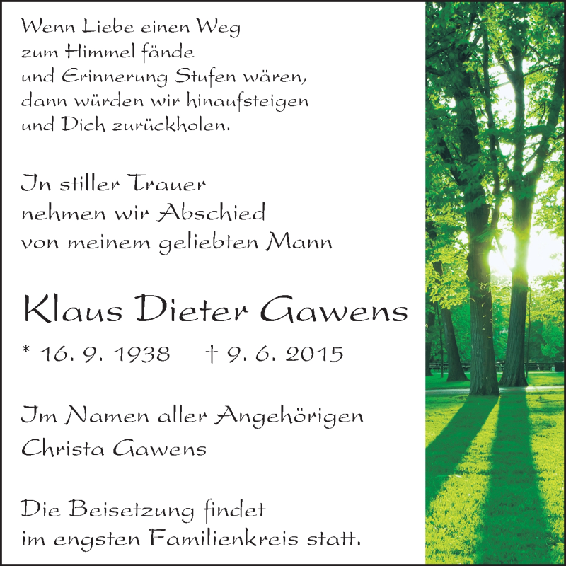  Traueranzeige für Klaus Dieter Gawens vom 12.06.2015 aus Echo-Zeitungen (Gesamtausgabe)