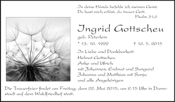 Traueranzeige von Ingrid Gottscheu von Echo-Zeitungen (Gesamtausgabe)