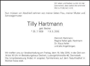 Traueranzeige von Tilly Hartmann von Echo-Zeitungen (Gesamtausgabe)