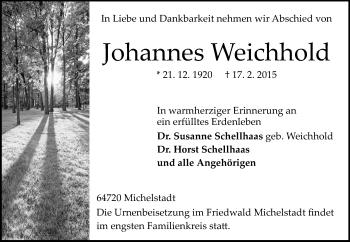 Traueranzeige von Johannes Weichhold von Odenwälder Echo