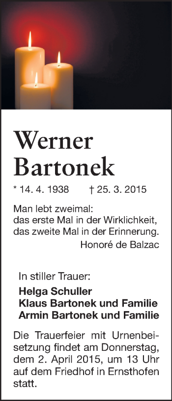 Traueranzeige von Werner Bartonek von Echo-Zeitungen (Gesamtausgabe)