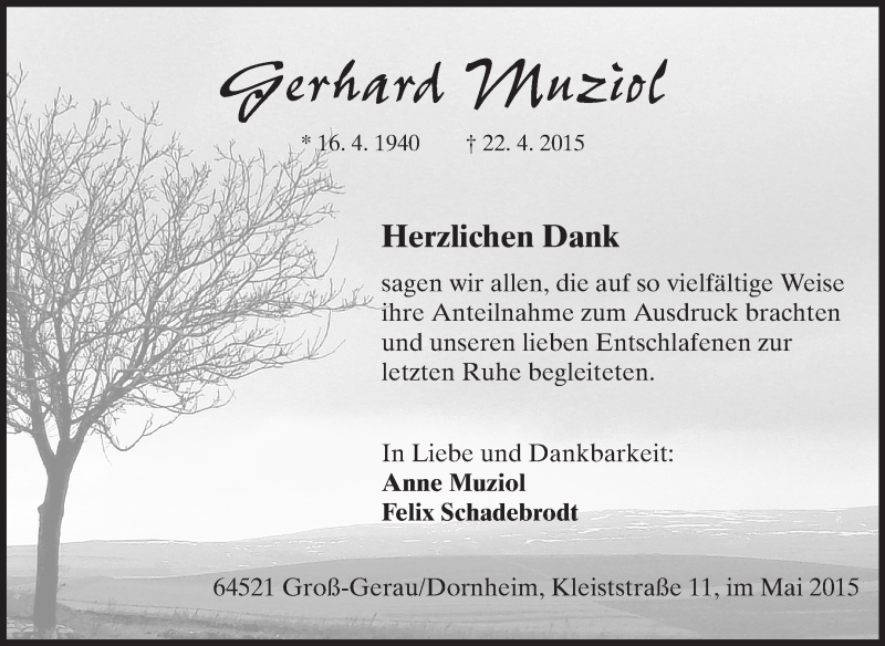  Traueranzeige für Gerhard Muziol vom 13.05.2015 aus Rüsselsheimer Echo, Groß-Gerauer-Echo, Ried Echo