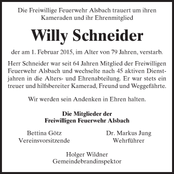 Traueranzeige von Willy Schneider von Echo-Zeitungen (Gesamtausgabe)