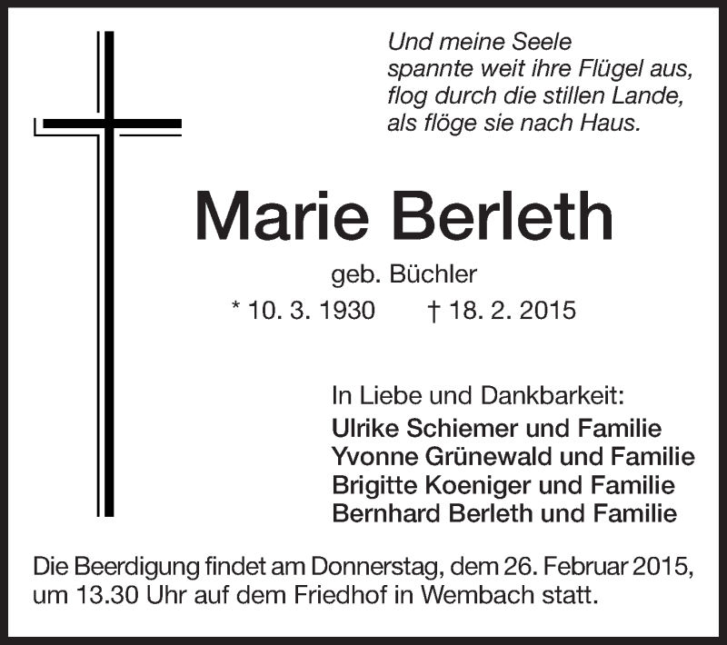  Traueranzeige für Marie Berleth vom 21.02.2015 aus Echo-Zeitungen (Gesamtausgabe)