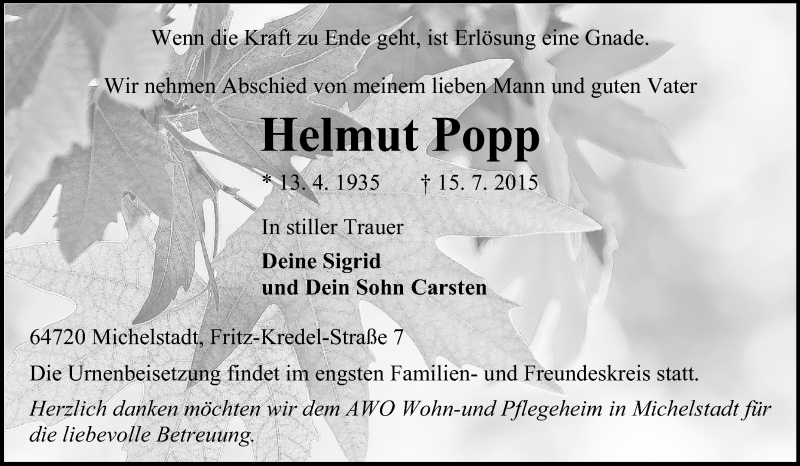  Traueranzeige für Helmut Popp vom 18.07.2015 aus Odenwälder Echo
