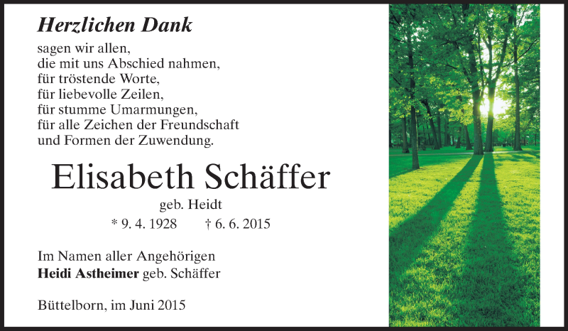  Traueranzeige für Elisabeth Schäffer vom 27.06.2015 aus Rüsselsheimer Echo, Groß-Gerauer-Echo, Ried Echo