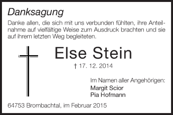 Traueranzeige von Else Stein von Odenwälder Echo