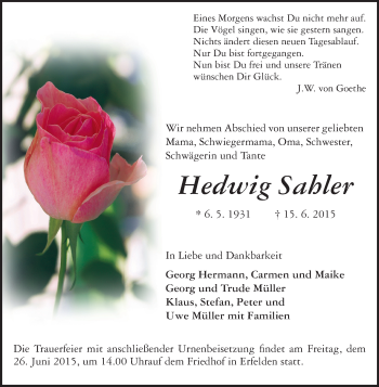 Traueranzeige von Hedwig Sahler von Rüsselsheimer Echo, Groß-Gerauer-Echo, Ried Echo