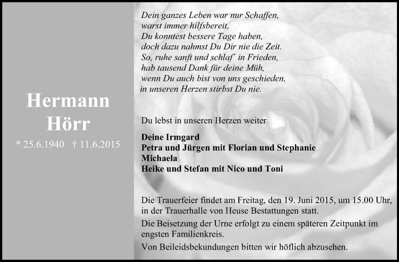  Traueranzeige für Hermann Hörr vom 17.06.2015 aus Echo-Zeitungen (Gesamtausgabe)
