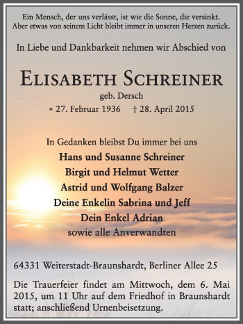 Traueranzeige von Elisabeth Schreiner von Echo-Zeitungen (Gesamtausgabe)