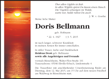 Traueranzeige von Doris Bellmann von Rüsselsheimer Echo, Groß-Gerauer-Echo, Ried Echo