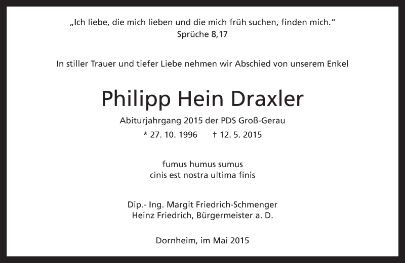  Traueranzeige für Philipp Hein Draxler vom 20.05.2015 aus Rüsselsheimer Echo, Groß-Gerauer-Echo, Ried Echo